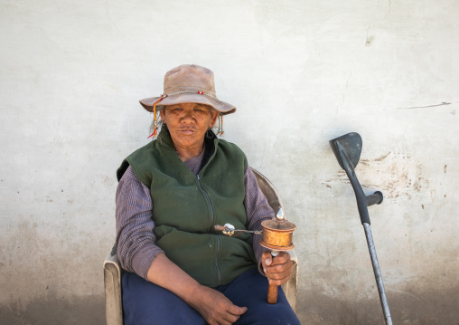 Tibetan disabled woman in Sonamling Tibetan settlement, Ladakh, Leh, India
