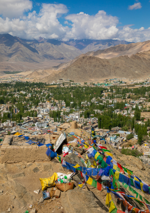 Buddhist prayer flags over the town, Ladakh, Leh, India