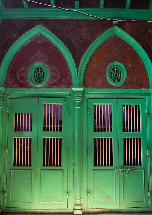Green doors of a muslim house in old Delhi, Delhi, New Delhi, India
