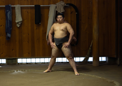 Sumo wrestler training in Tatsunami Beya sumo stable, Kanto region, Tokyo, Japan