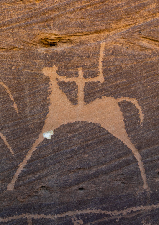 Petroglyphs on a rock depicting a hunter on a horse, Najran Province, Thar, Saudi Arabia