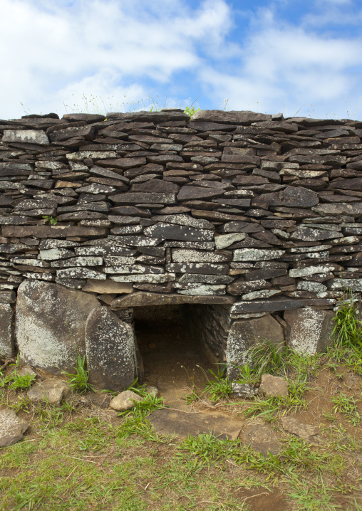 Restored houses in a ceremonial village , Easter Island, Orongo, Chile