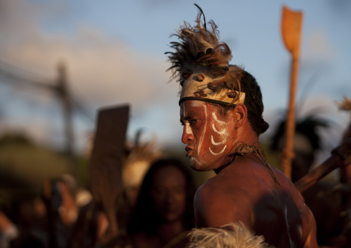 Man with traditional make up during tapati festival, Easter Island, Hanga Roa, Chile