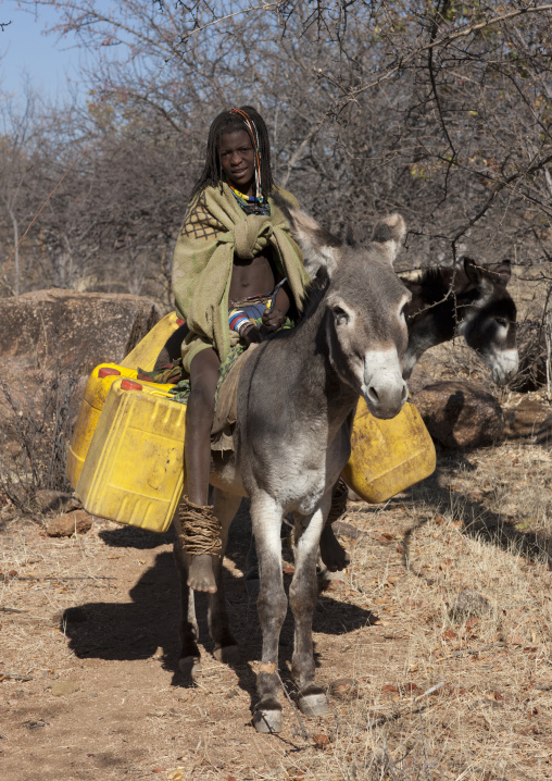 Mucawana Woman Carrying Jerrycans On A Donkey, Village Of Oncocua, Angola