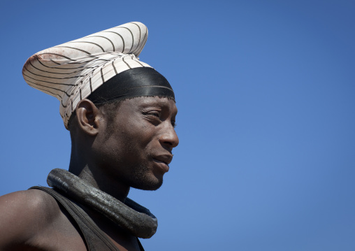 Muhimba Man With Traditional Headdress Wearing A Fala Necklace, Elola Village, Angola