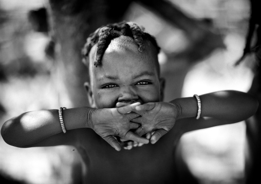 Muhimba Girl Yawning Behin Her Hands, Village Of Elola, Angola