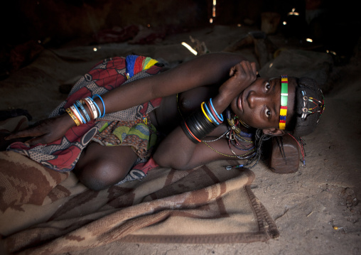 Mucawana Girl Laying On A Headrest, Village Of Mahine, Angola
