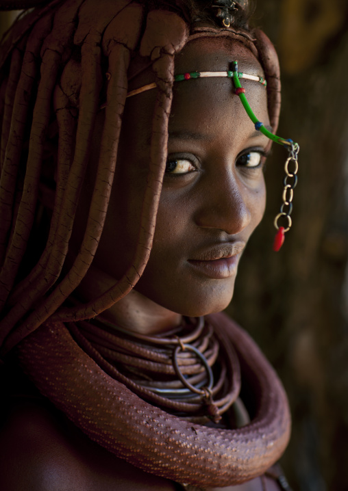 Himba Woman Called Mucaniama Wearing A  Plastic Jewel, Village Of Hoba Haru, Angola