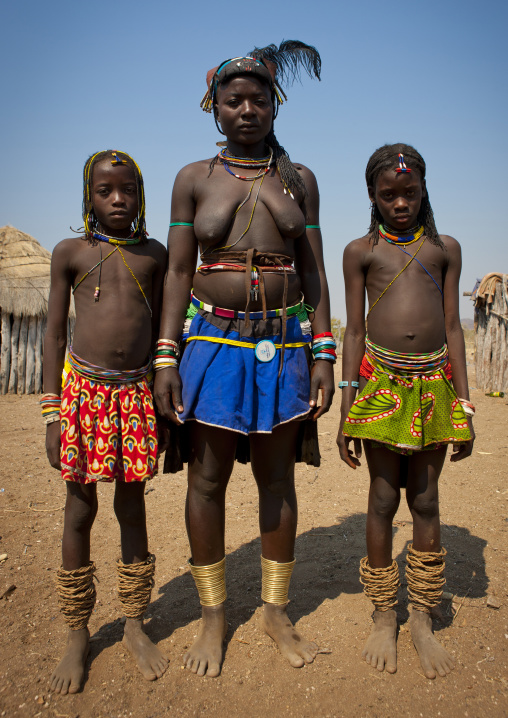 Mucawana, Mother And Her Two Daughters In Traditional Clothes, Village Of Soba, Angola