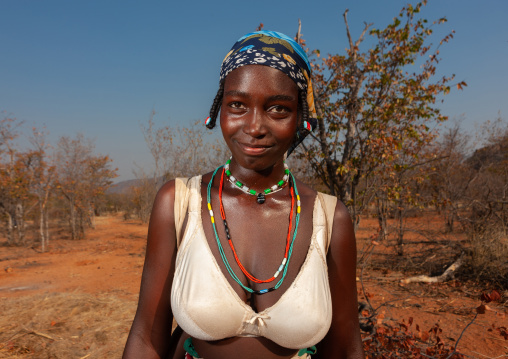 Portrait of a Mudimba tribe woman wearing a bra, Cunene Province, Cahama, Angola