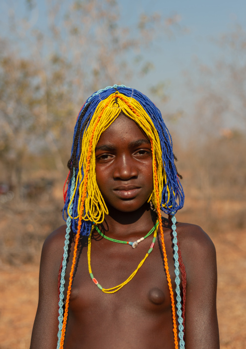 Portrait of a Mudimba tribe girl with a beaded wig during the fico ceremony, Cunene Province, Cahama, Angola