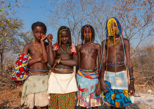 Portrait of Mudimba tribe girls during the fico ceremony, Cunene Province, Cahama, Angola