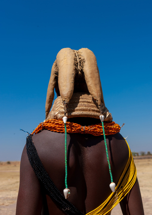Rear view of a Mumuhuila tribe woman with the traditional hairtsyle, Huila Province, Chibia, Angola