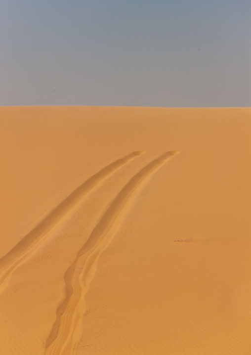 Car tracks in the sand of the namib desert, Namibe Province, Iona National Park, Angola