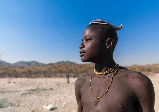 Portrait of a single Himba tribe young man, Cunene Province, Oncocua, Angola
