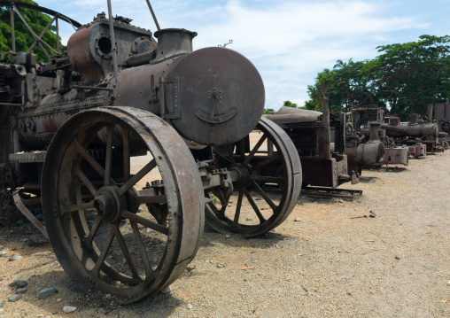 Antique steam traction engines displayed along the road, Benguela Province, Benguela, Angola