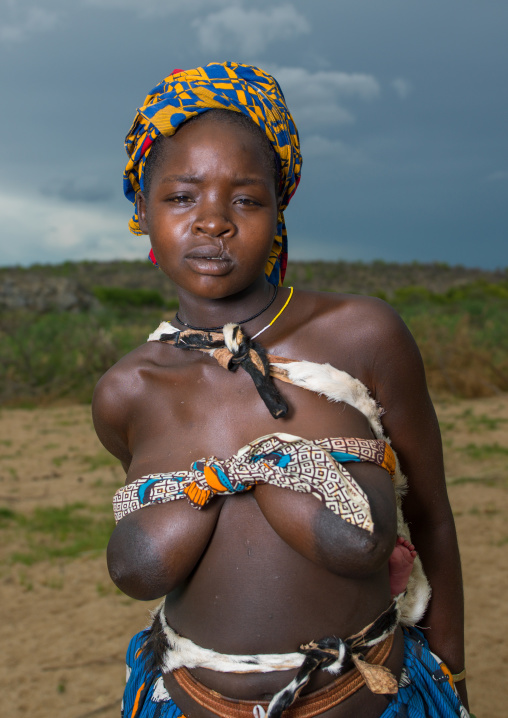 Portrait of a Mucubal tribe women wearing colorful headwears, Namibe Province, Virei, Angola