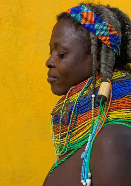 Side view of a Mumuhuila tribe woman portrait, Huila Province, Chibia, Angola