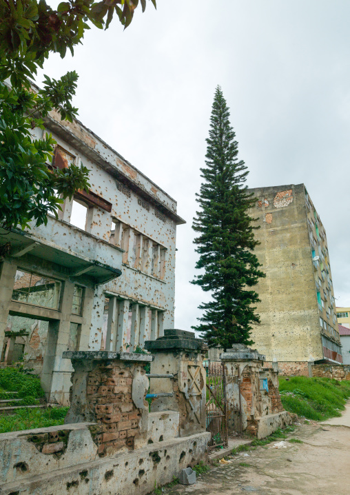 Building riddled with bullet impacts from civil war, Huambo Province, Huambo, Angola
