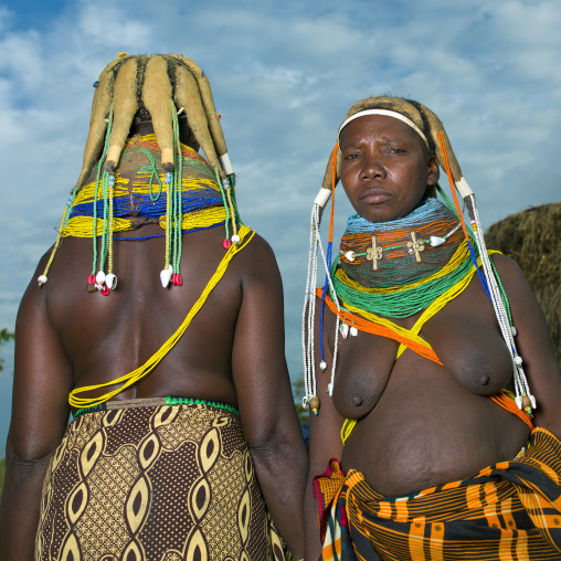 Mwila Women With Vilanda Necklaces And Traditional Hairstyles, Chibia Area, Angola
