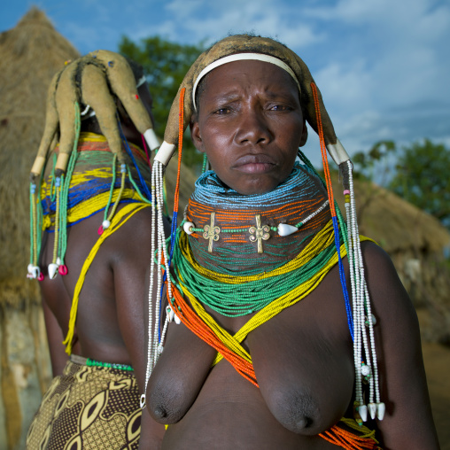 Mwila Women With Vilanda Necklaces And Traditional Hairstyles, Chibia Area, Angola