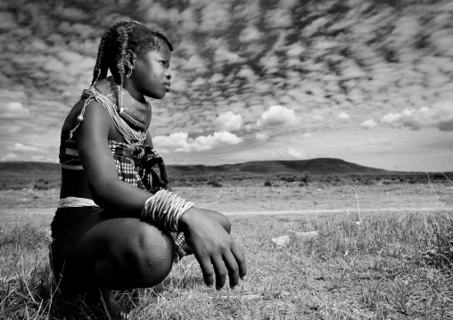 Mwila Girl Crouching In The Bush, Chibia Area, Angola