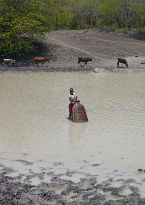 Girl Fishing In The River With A Basket Fishing Net, Angola