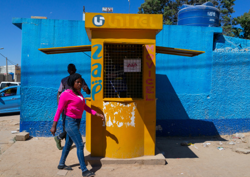 Angolan people in front of a unitel shop, Huila Province, Lubango, Angola