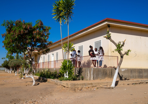 Teenagers in front of a school building, Huila Province, Lubango, Angola