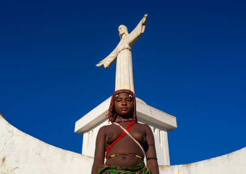 Mumuhuila tribe in front of Cristo Rei statue, Huila Province, Lubango, Angola
