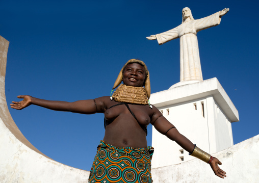 Mumuhuila tribe in front of Cristo Rei statue, Huila Province, Lubango, Angola