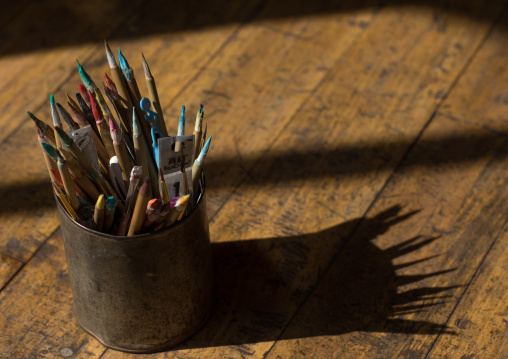 Pencils in a thanka painting school, Qinghai province, Wutun, China