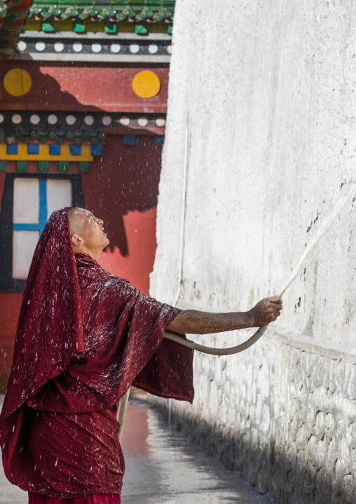 tibetan Monk painting the walls of a temple in Rongwo monastery, Tongren County, Longwu, China