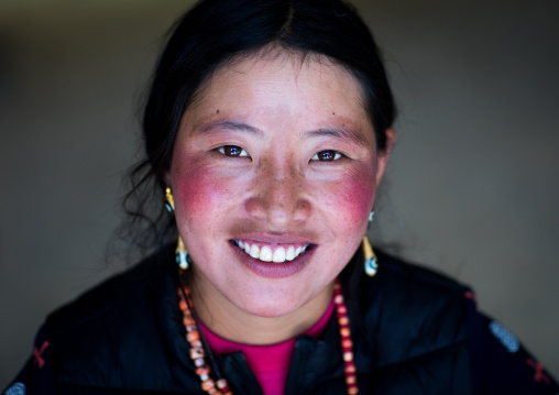 Portrait of a smiling tibetan nomad woman with her cheeks reddened by the harsh weather, Qinghai province, Tsekhog, China