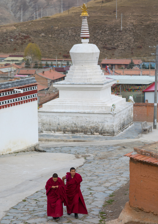 Tibetan buddhist nuns passing in front of a stupa in Labrang nunnery, Gansu province, Labrang, China