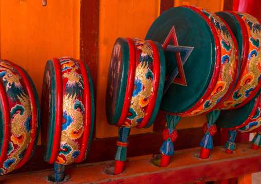Tibetan drums inside Bongya monastery, Qinghai province, Mosele, China