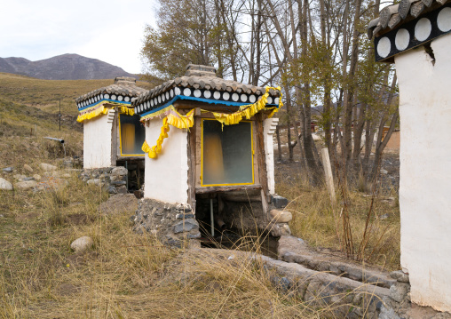 Prayer wheel at river in Lhachub monastery, Gansu province, Lhachub, China