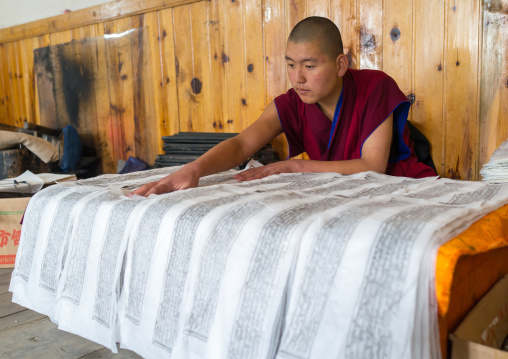 Tibetan scriptures printed from wooden blocks in the monastery traditional printing temple, Gansu province, Labrang, China