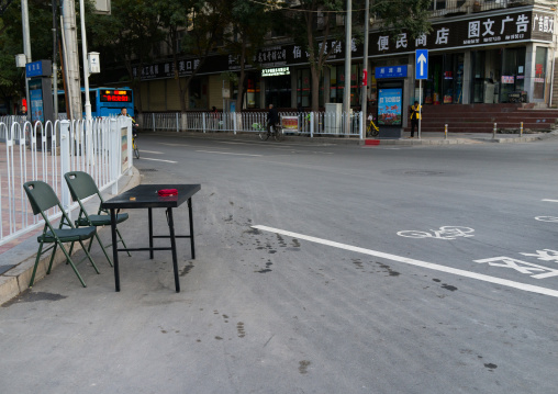 Small traffic police station in en empty crossroad, Gansu province, Linxia, China