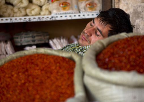 Uyghur Man Sleeping on Spices bags, Xinjiang Uyghur Autonomous Region, China