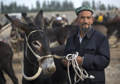 Uyghur Man Holding A Donkey In Serik Buya Market, Yarkand, Xinjiang Uyghur Autonomous Region, China