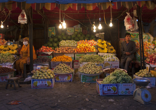 Uyghur Shopkeepers Selling Fruits, Yarkand, Xinjiang Uyghur Autonomous Region, China