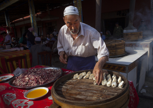 Uyghur Man Making Dumplings, Serik Buya Market, Yarkand, Xinjiang Uyghur Autonomous Region, China