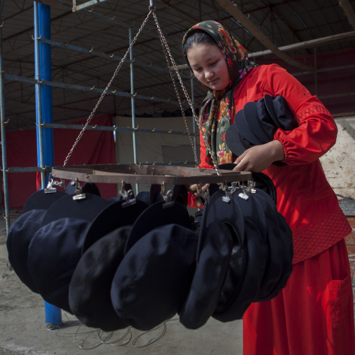 Young Uyghur Woman Selling Kepka, Serik Buya Market, Yarkand, Xinjiang Uyghur Autonomous Region, China