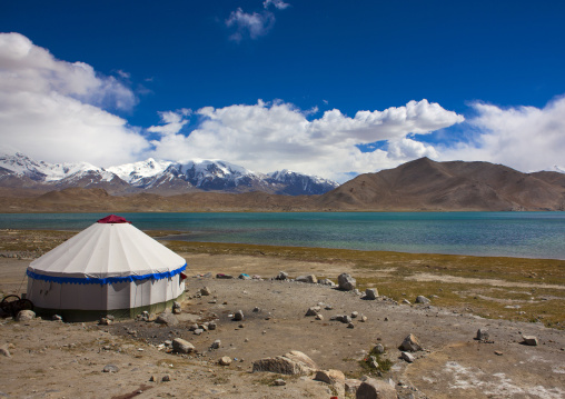 Yurt And Mountain Scenery At Kara Kul Lake On The Karakoram Highway, Xinjiang Uyghur Autonomous Region, China
