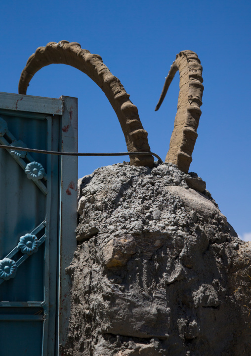 Ibex horns to bring good luck at the entrance of a house, Badakhshan province, Qazi deh, Afghanistan