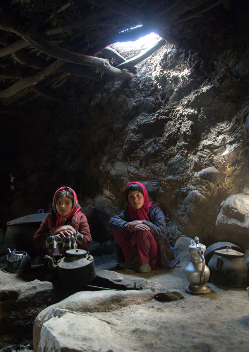 Wakhi girls inside their house in the pamir mountains, Big pamir, Wakhan, Afghanistan