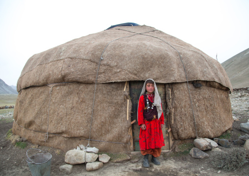 Wakhi nomad girl in front of her yurt, Big pamir, Wakhan, Afghanistan