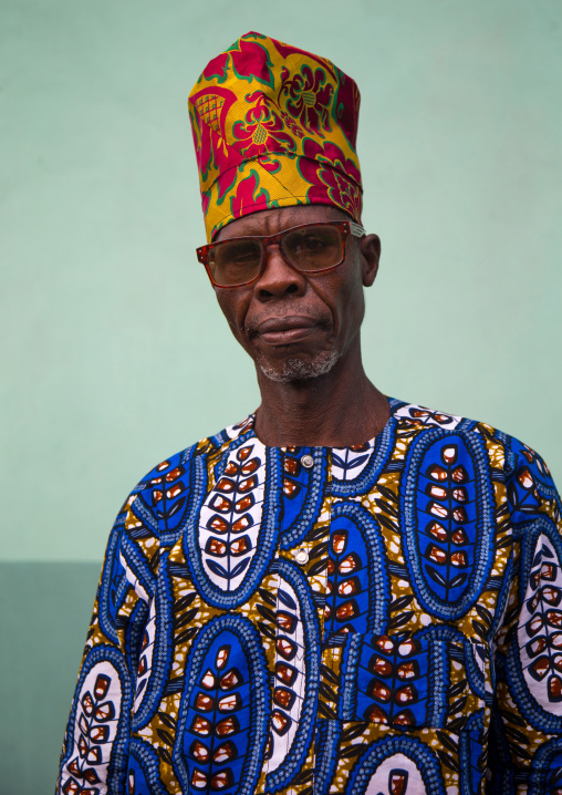 Benin, West Africa, Ganvié, fashionable old man in traditional beninese clothing