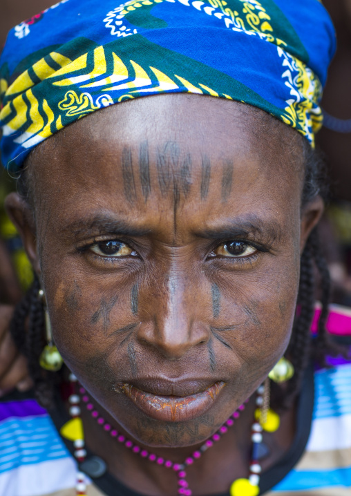 Benin, West Africa, Gossoue, a beautiful tattooed fulani peul tribe woman